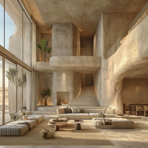 Dream House In Nature, Modern Architecture House Interior, Desert Modern Decor, Desert Interior Design, Cantilever Structure, Desert Villa, House In The Desert, Desert Home Decor, Desert House