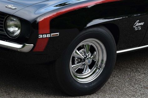 Optional J52 power front discs improve braking. Day-two wheel and tire package includes vintage Cragar wheels with the correctly shaped spokes, as opposed to the flatter spokes found on the new Cragars. Cragar Wheels, Chevrolet 2017, Mustang Wheels, 1969 Chevrolet Camaro, Goodyear Tires, Wheel And Tire Packages, Foose, Chrome Wheels, American Muscle