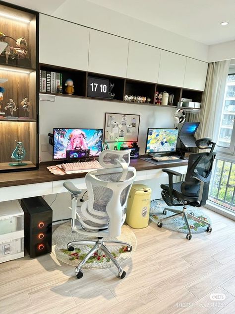 [PaidLink] 53 Couples Gaming Room Setup Guides You'll Be Glad You Discovered This Winter #couplesgamingroomsetup His And Hers Battlestations, Couples Study Room, 2 Person Desk Setup, Couple Office Room, 2 Person Gaming Setup, His And Her Office Space Home Couple, Two Person Gaming Setup, Shared Gaming Room, Double Gaming Setup