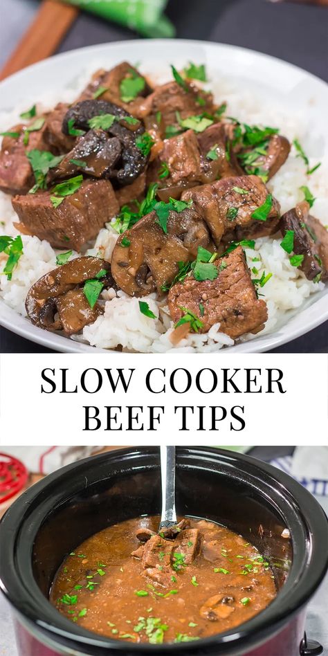 Craving some classic winter comfort food? These Slow Cooker Beef Tips are easy and delicious! Beef Tips With Gravy, Slow Cooker Beef Tips, Beef Tips Recipe, Crock Pot Beef Tips, Light Dinners, Beef Tip Recipes, Beef Tips And Gravy, Slow Cooker Recipes Beef, Pot Dinners