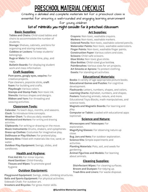 Here's a comprehensive list of materials you might consider for a preschool classroom Preschool Teacher Supplies, Preschool Classroom Wish List Ideas, Preschool School Supply List, Kindercare Preschool Classroom, Classroom Setup Daycare, Preschool Syllabus, Preschool List, Teacher Supplies List, Teacher Syllabus