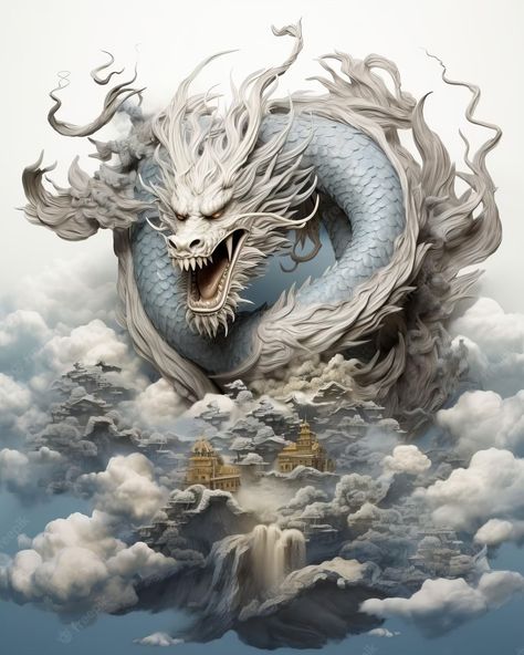 Mythical Dragons, Sea Dragon, Art Japonais, 3d Paper, Dragon Art, Fantasy Landscape, The Clouds, Chinese Art, Graphic Resources