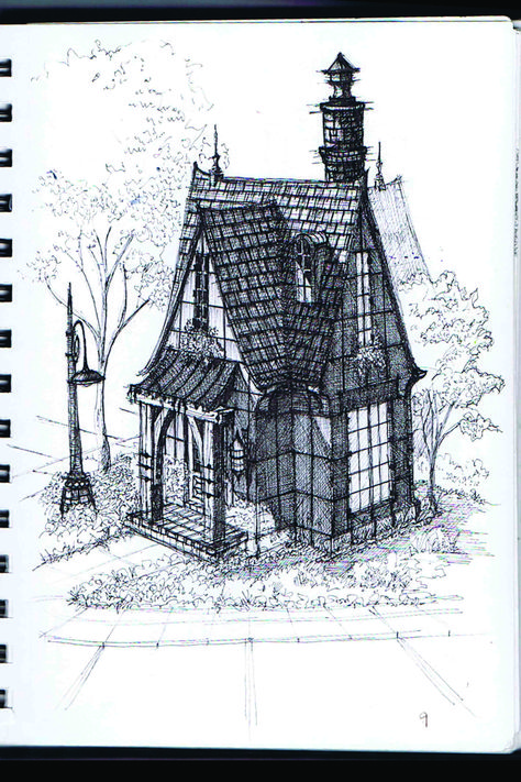 Gothic home by Shawn Fisher. Gothic House Illustration, Small Gothic House Plans, Gothic Small House, Gothic House Drawing, Victorian House Drawing, Small Gothic House, Gothic Victorian House Plans, Gothic Revival House Plans, Gothic Tiny House