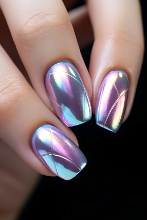 holographic nails, rainbow chrome, chrome nails, holographic nail art, nail design inspiration, nail trends, holographic manicure, colorful nails, iridescent nails, holographic nail polish, chrome nail ideas, nail fashion, holographic beauty, nail inspiration, holographic nail trend, chrome nail designs, rainbow nails, metallic nails, holographic nail colors, nail art ideas, nail art designs, chrome nail trend, holographic nail look, stylish nails, trendy nail art Ombre Metallic Nails, Spring Chrome Nails 2024, Ombre Holographic Nails, Nail Designs Rainbow, Irridecent Design Nails, Fun Chrome Nails, Lilac Chrome Nails, Rainbow Chrome Nails, Holographic Manicure