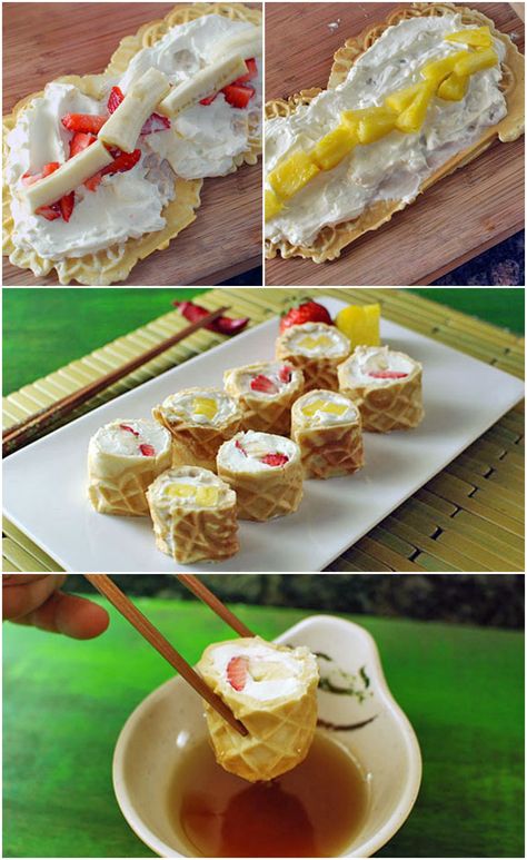 Waffle Breakfast Sushi Rolls, love this idea! Breakfast Sushi, Waffle Breakfast, Whole Wheat Waffles, Pictures Of Food, Food Bakery, Breakfast Waffles, Think Food, Snacks Für Party, Sushi Rolls