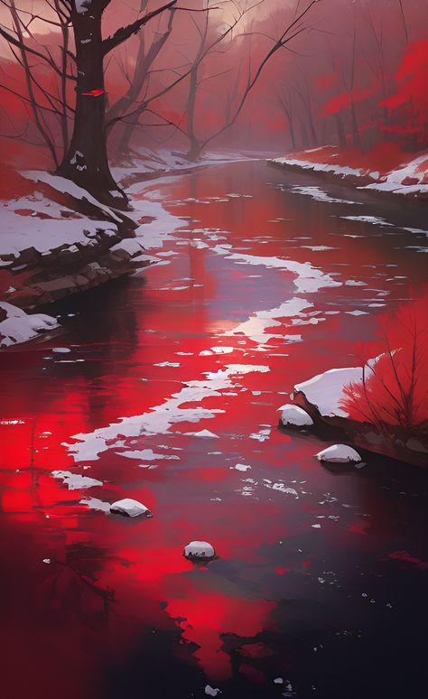 Winter Fantasy Aesthetic, Thorn Forest, Blood River, Book Cover Background, Dark Forest Aesthetic, Red Lake, River Painting, Red Water, Blood Art