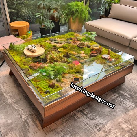 Terrarium Coffee Tables: The Green Oasis Your Home Has Been Missing – Inspiring Designs Mossy Furniture, Desk Terrarium, Indoor Plant Table, Terrarium Coffee Table, Plant Coffee Table, Table Terrarium, Blooming Table, Modern Bookcase Design, Terrarium House