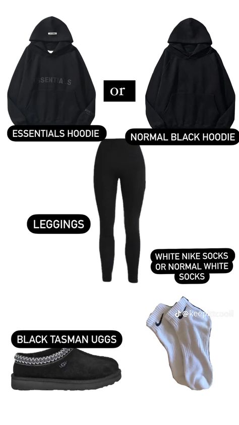 Black Leggings And Black Top Outfit, School Outfits With Black Leggings, All Black Outfits For School, Black Nike Sweatshirt Outfit, How To Style Black Leggings For School, School Outfits Black, All Black School Outfit, Black Essentials Hoodie Outfit, How To Style Black Sweatpants