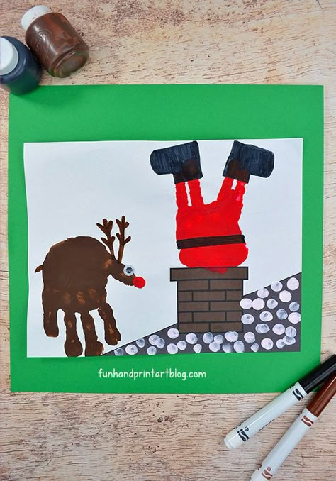 Make a stuck Santa Claus in the chimney using handprints! Free printable background included. #kidscrafts #HandprintHolidays #christmasideasforkids Dayhome Crafts, December Themes, Nanny Ideas, Santa Claus Crafts, Xmas Sweaters, Printable Background, December Activities, Handprint Christmas, Calendar Gift