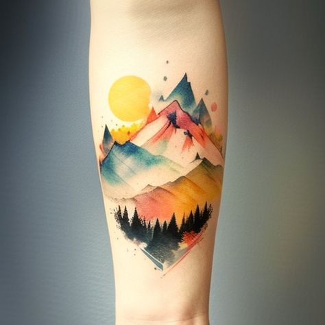 Neo Traditional Tattoos Mountains, Watercolor Nature Tattoo, Color Mountain Tattoo, Colorful Mountain Tattoo, Mountain Tattoo Color, Colorado Mountains Tattoo, Mountain Tattoo Sleeve, Minimalist Mountain Tattoo, Colorado Tattoos