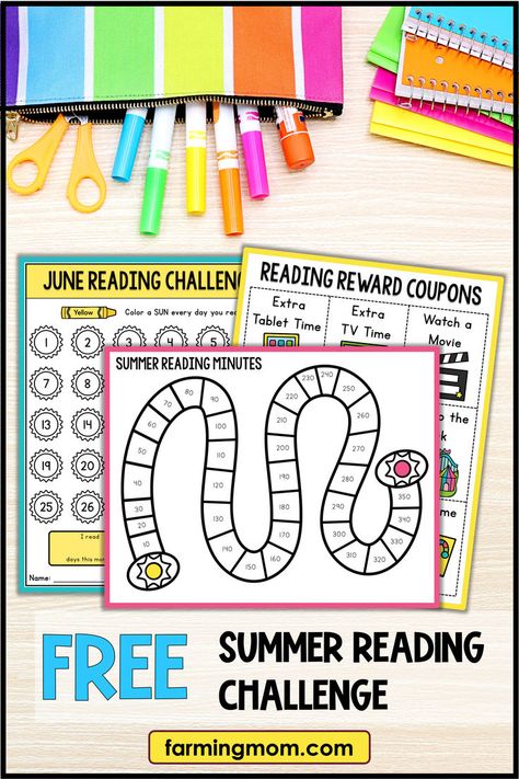 Get your kids motivated to read over break with this free summer reading challege. Kids color in the days they read on the June, July, and August reading log and can record the title, author, and minutes read on the reading chart. Children can set reading goals with the prompts, such as how many minutes or how many books they will read over the summer. Reward coupons for trips to the park and extra screen time are also included to make the reading challenge even more fun! Happy summer! :) Summer Reading Chart For Kids, Kids Summer Reading Chart, Kids Summer Reading Challenge, Reading Challenge For Kids, Summer Reading Chart, Reading Contest, Kids Charts, Summer Reading Activities, Summer Reading Log