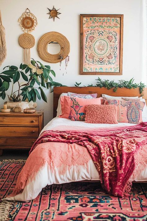 50+ Boho Bedrooms Pink Accents Transforming Rooms With Love Girls Bohemian Bedroom Ideas, Boho Pink Bedding, Boho Bedroom With Pink, Boho Retro Bedroom, Girly Boho Bedroom, Bedroom With Pink Accents, Adult Pink Bedroom, Bohemian Girls Bedroom, Pink Boho Bedroom