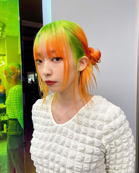 Neon Green And Orange Hair, Three Colored Hair, Color Block Vivid Hair, Orange Green Hair, Orange Dyed Hair, Orange And Green Hair, Yellow Green Hair, Orange Ombre Hair, Anna Hair