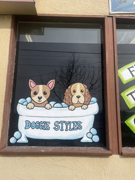 Dog Grooming Window Art, Dog Mural Ideas, Dog Facility, Painted Window Art, Window Paintings, Window Paint, Window Writing, Dog Window, Doggie Daycare