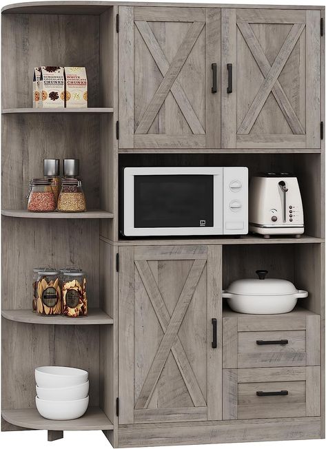 If you have a small space in your kitchen that needs more functionallity, try this free standing cabinet! I love the washed grey look! This is an affiliate link so help a teacher out! #homedecor #simplethings #kitchen #pantry #storage #cabinet #hutch #amazon #deals #budget #farmhouse Microwave Cabinet Free Standing, Stand Alone Pantry Cabinet, Hutch With Doors, Stand Alone Pantry, Freestanding Kitchen Storage, Farmhouse Kitchen Pantry, Budget Farmhouse, Cabinet Hutch, Redesign Ideas