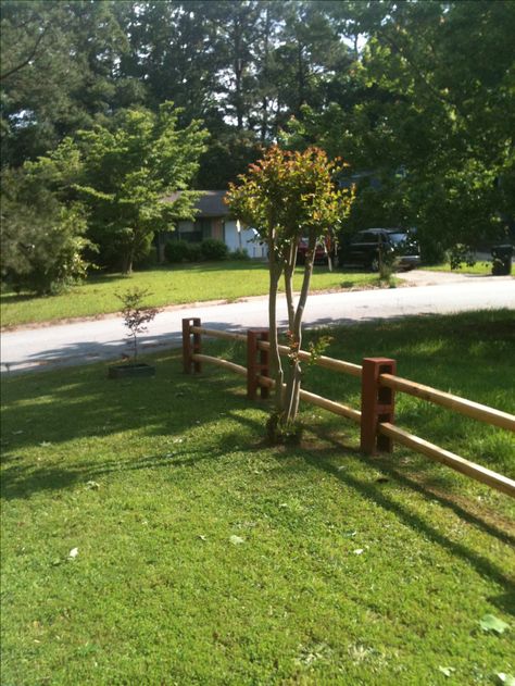 Our fence made with cinder blocks. Love it!! Can add a third landscape timber for an even beefier look!! Landscape Timber Ideas, Concrete Block Fence, Cinder Block Fence Ideas, Inexpensive Patio, Cinder Block Garden, Easy Patio, Landscape Timbers, Timber Fencing, Diy Fence