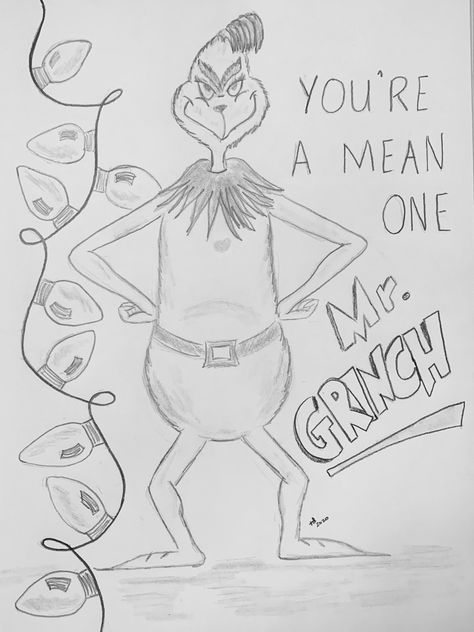 Grinch Drawings Easy, Drawing Of The Grinch, Drawing Christmas Easy, Easy Things To Draw Christmas, Grinch Christmas Drawing, Christmas Characters Drawings, Christmas People Drawings, Grinch Drawing Ideas, Christmas Character Drawing