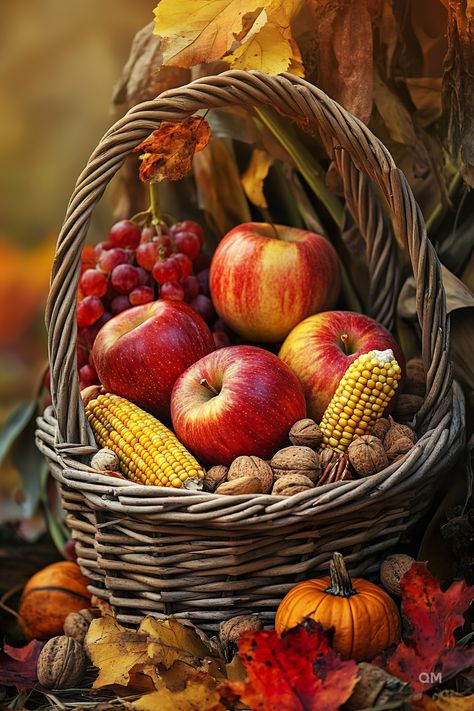 Basket of red apples, corn, grapes, walnuts, tiny pumpkin, and autumn leaves. Perfect for cheap fall decor, cozy fall home vibes, and fall decorating ideas. Nature Inspired Centerpieces, Unique Fall Wreath, Easy Diy Fall Decor, Fall Dining Room Table, Cheap Fall Decor, Fall Dining Room, Easy Fall Decor, Cozy Fall Decor, Cozy Candles