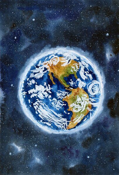 Earth Planet From Space With Stars Painting Design in Watercolor. Painting Of The Earth, Earth From Space Illustration, Earth Atmosphere Drawing, Earth Reference Drawing, Earth From Space Drawing, Earth Drawing Creative, Earth Illustration Design, Drawing Of Earth, Painting Of Earth