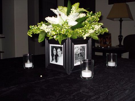 Photo Centerpieces, Dollar Diy, Table Centerpieces Diy, Cheap Table, Photo Table, Diy Wedding Table, Memorial Ideas, Dinner Decoration, Wedding Centerpieces Diy