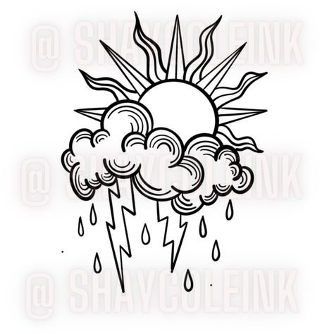 Sun tattoo, storm tattoo, American traditional tattoo, fine line tattoo, unique ,art, tattoo artist Cloud With Thunder Tattoo, Rain And Sun Tattoo Ideas, Storm Tattoo Traditional, I Have Always Been A Storm Tattoo, Storm And Sun Tattoo, Sun And Clouds Tattoo Design, Weather The Storm Tattoo, Through The Storm Tattoo, Stormcloud Tattoo