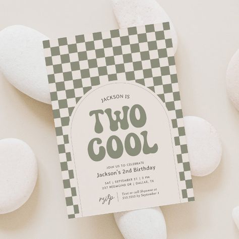 Two Cool Green Retro Checker 2nd Birthday Invitation Ready Two Party Birthday Theme, Two Much Fun Birthday Boy, Two Cool Party Theme, 2 Birthday Theme Boy, 2nd Birthday Theme Ideas For Boys, Checkered Birthday Theme, 2 Cool Birthday Party Boy, Boy Second Birthday Themes, Two Birthday Theme Boy