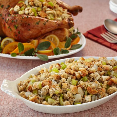 Classic Dressing | Prep Time: 10 min | Cook Time: 45 min Turkey Dressing Recipe, Cornbread Stuffing Recipes, Stove Top Stuffing Mix, Thanksgiving Casserole, Herb Dressing, Stuffing Recipes For Thanksgiving, Stuffing Casserole, Thanksgiving Stuffing, Thanksgiving Meal