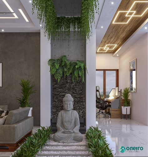 Buddhist Living Room, Buddha Statue Under Staircase, Interior Statue Decor, Balcony Buddha Garden, Budda Decoration At Home, Buddha Corner Decor, Buddha Decor Entryway, Buddha Statue Home Entrance, Buddha Room Design