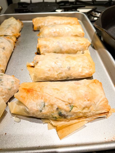 Elegant Mushroom Chicken in Phyllo Chicken Phyllo, Phyllo Recipes, Chicken Mushroom, Chicken Rolls, Spring Celebration, Mushroom Chicken, Saute Onions, Creamed Mushrooms, Cheese Eggs