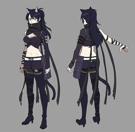 1girl alternate_costume alternate_hairstyle animal_ears asymmetrical_clothes belt black_hair blake_belladonna boots breasts cat_ears cat_tail character_sheet cleavage full_body grey_background kuroda_(nanchara_flight) long_hair navel navel_cutout ponytail rwby scarf solo tail yellow_eyes Asymmetrical Clothes, Rwby Blake, Rwby Ships, Rwby Characters, Blake Belladonna, Team Rwby, Rwby Fanart, Rwby Anime, Arte Cyberpunk