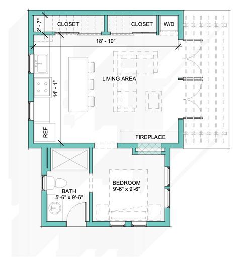 Adu Floor Plans Layout, 1 Bedroom Pool House Plans, Adu Layout Ideas, Guesthouse Layout, Floor Plan Cottage, Tiny Airbnb, Adu Garage, Garage Adu, Guesthouse Ideas