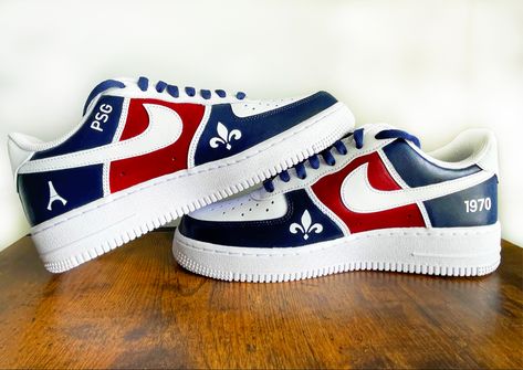 Custom Nike Air Force 1 with Paris Saint-Germain design. Custom Nike Air Force 1, Custom Nike Air Force, Air Force 1 Custom, Custom Nike, Custom Nikes, Paris Saint, Paris Saint-germain, Custom Sneakers, Saint Germain