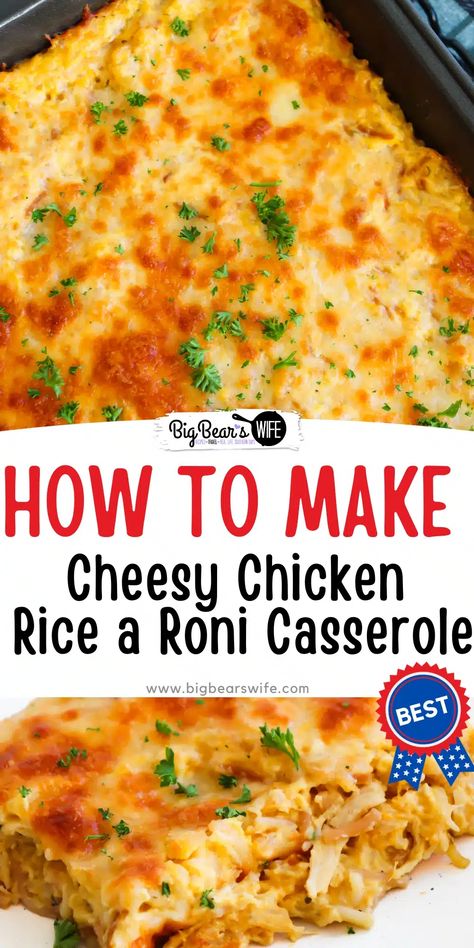 Indulge in the ultimate comfort food with this Cheesy Chicken Rice a Roni Casserole! This recipe is so easy to make and has gotten rave reviews! Prepare to cozy up with a plate of pure comfort and satisfaction! via @bigbearswife Rice A Roni And Chicken Recipes, Rice A Roni Rice Pilaf Recipes, Chicken Casserole With Rice A Toni, Knorr Chicken And Rice Casserole Recipes, Crockpot Rice A Roni And Chicken, Baked Chicken And Rice A Roni Recipes, Chicken And Ricearoni Casserole Recipes, Chicken Rice A Roni Casserole Recipe, Rice A Toni And Chicken