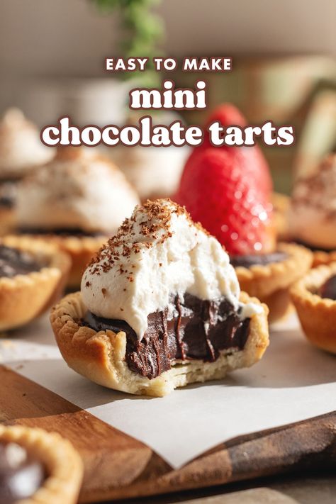 These mini chocolate tarts are made with a tender shortcrust pastry tart shell with a simple chocolate ganache filling. They're so easy to make in a muffin pan! Top them with flaky salt, whipped cream, or fresh fruits! #chocolate #chocolatetarts #tart | teakandthyme.com Mini Chocolate Tarts Recipe, Easy Mini Tarts, Simple Chocolate Ganache, Dessert Tarts Mini, Mini Chocolate Pie, Fruit Tart Recipe Mini, Easy Fruit Tart, Chocolate Tarts Mini, Mini Tart Shells