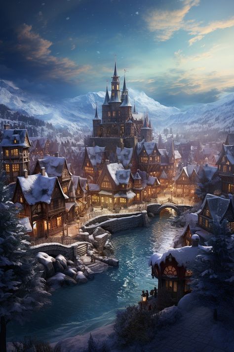 Snow Town Fantasy Art, Norway Fantasy Art, Snowy Mountain Village Fantasy Art, Fantasy Nordic City, Winter Kingdom Fantasy Art, Snow Kingdom Fantasy Art, Snowy Village Fantasy Art, Fantasy Mountain Town, Winter Castle Fantasy Art