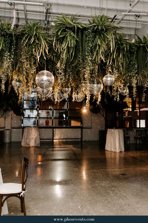 Disco And Greenery, Disco Balls With Greenery, Disco Balls At Wedding Reception, Elegant Jungle Disco Wedding, Greenery With Disco Balls, Dark Disco Wedding, Disco Ball Wedding Theme, Disco Forest Wedding, Disco Ball Greenery