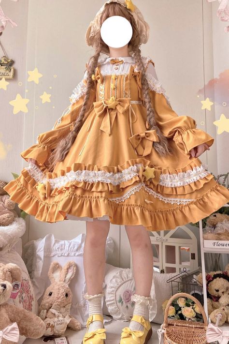 Yellow Puffy Sleeve Dress, Kawaii Dress Aesthetic, Cute Rain Coat, Cute Frilly Dresses, Flower Inspired Outfits, Tea Party Clothes, Little Dress Outfit, Aesthetic Yellow Outfits, Sun Inspired Outfit