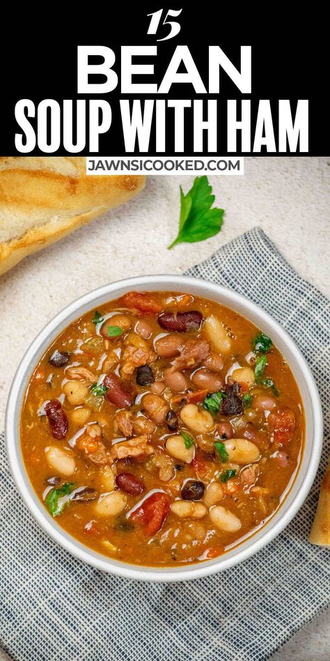 This Easy Traditional 15 Bean Soup with Ham Recipe is a hearty bowl of comfort food perfect for a cool winter's evening. Loaded with flavor, this stick to your ribs bean soup can be made with ham hocks, or is a great way to use up that leftover holiday ham bone! 15 Bean Ham Soup, 15 Beans In Crockpot, 15 Bean Soup With Ham Hocks, Ham Hawk And Bean Soup, Ham Hock And Bean Soup Recipes, Ham Hock Bean Soup, Ham Stock Soup Recipes, Best 15 Bean Soup Recipe, Soup Made With Ham Bone