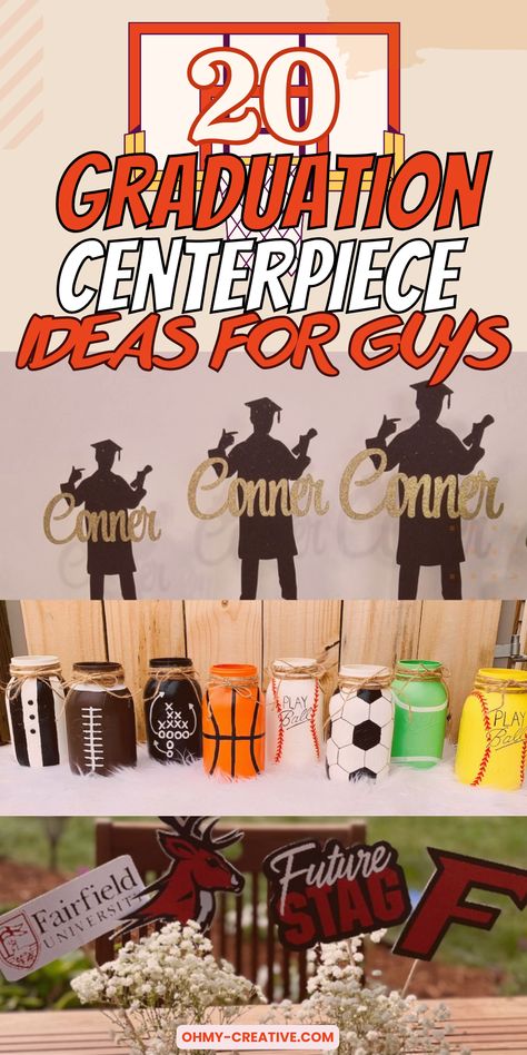 Transform your party with this 20 Graduation Centerpiece Ideas For Guys! Explore our selection for a personalized school celebration they'll ever forget. Create simple graduation party centerpieces to go along with the grad party theme. Plenty of sports centerpiece ideas as well! High School Graduation Centerpieces Boys, Male Graduation Centerpiece Ideas, Sports Theme Graduation Party Ideas, Sport Centerpieces Ideas, Graduation Table Centerpieces For Boys, Sports Graduation Party Ideas, Graduation Party Centerpieces For Boys, Senior Table Ideas Sports, High School Graduation Centerpieces