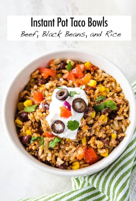 Instant Pot Taco Bowls Recipe. Easy to Make! 30 Minute Meal. Beef Taco Bowls Instant Pot, Instant Pot Taco Bowls, Taco Bowl Instant Pot, Taco Instant Pot, Instant Pot Burrito Bowl, Black Bean And Rice, Boat Recipes, Freezer Prep, Bean And Rice