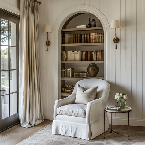 There’s nothing I love more than a cozy corner nook and a good book! I love the texture and dimension this arched built in bookcase provides, and the vertical shiplap helps elongate the height of the wall, providing the illusion of higher ceilings—one of my favorite design tricks! AI Design: @oakhavendesignco . . . . . . . #virtualdesign #virtualdesignservices #virtualhomedesign #moodboards #cozycornernook #readingnook #shiplap #rustichomedecor #aihomedesign #AI #bedroom #europeanfarmhous... Arched Built In Bookcase, Arch Bookshelf Built Ins, Family Moodboard, Wall Nook, Vertical Shiplap, Bedroom Built Ins, Corner Nook, Design Tricks, Academia Style