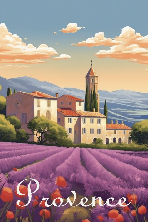 Evoke the rustic charm and tranquil beauty of Southern France with this Provence travel posterIdeal as a large wall art pieceit highlights the picturesque French countryside and vibrant lavender fieldsmaking it a stunning addition to any French home decor Southern France Aesthetic, Provence Aesthetic, Provence Travel, France Poster, French Wall Art, Field Art, Large Framed Art, Travel Poster Design, Vintage Poster Design