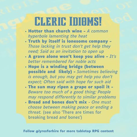 Dictionary-style text post containing Cleric idioms for Dungeons & Dragons Dnd Languages, Dm Tips, Dnd Cleric, Dnd Stats, Dnd Campaign, Dungeons And Dragons Memes, Dungeon Master's Guide, Dungeons And Dragons 5e, Dnd Funny