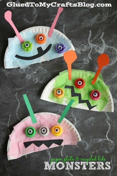 Paper Plate Recycled Lid Monster - Kid Craft Monster Craft, Paper Plate Crafts For Kids, Monster Crafts, Kid Craft, Daycare Crafts, Paper Plate Crafts, Plate Crafts, Halloween Crafts For Kids, Toddler Art