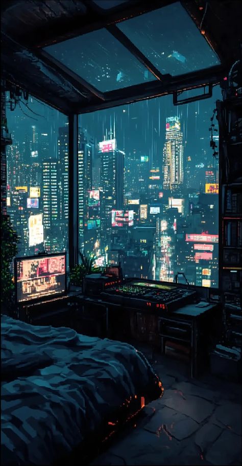 Dark Cyberpunk City, Sci Fi Bedroom, Cyberpunk Night City, Dark Futuristic City Aesthetic, Cyberpunk Night City Wallpaper, Night City Aesthetic Cyberpunk, Futuristic City Wallpaper Desktop, Anime City, Good Anime To Watch