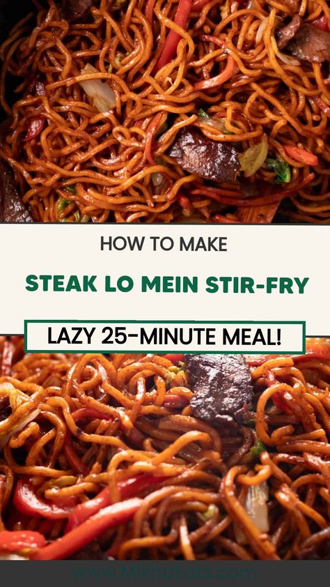 Steak lo mein stir-fry with red peppers and vegetables in a savory sauce. Text reads: "How to Make Steak Lo Mein Stir-Fry: Lazy 25-Minute Meal!" Spicy Beef Lo Mein Recipe, Blackstone Lo Mein, Spicy Chicken Bulgogi Recipe, Steak Lo Mein, Instant Pot Lo Mein, Chicken Bulgogi Recipe, Palitaw Recipe, Saucy Noodles, Sweet Chili Chicken Wings