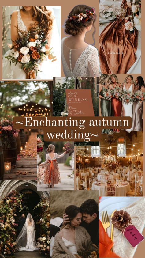 Stunning autumn wedding elements. Romantic Fall Wedding Bridesmaids, Autumn Wedding Mood Board, Autumn Wedding Ideas September, Colourful Autumn Wedding, Autumn Wedding Uk, Autumn Woodland Wedding, Whimsical Autumn Wedding, Fall Nature Wedding, Autumn Wedding Colour Scheme