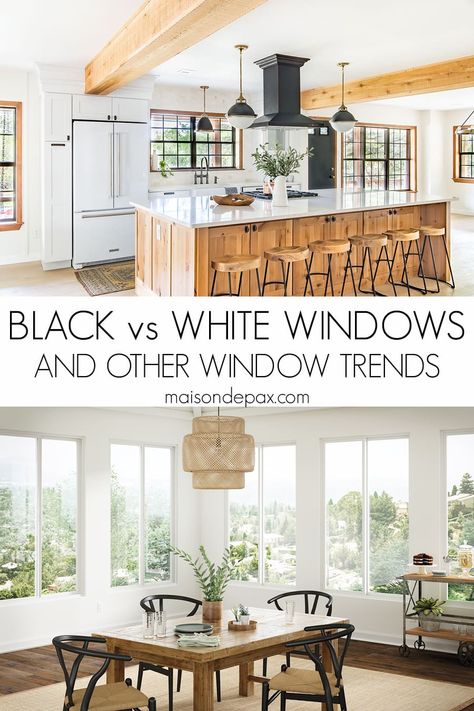 Trim With Black Windows, Black Windows In Kitchen, White Walls Black Window Trim, Black Windows White Walls, Black Or White Window Frames, Black Exterior White Interior Windows, Black Windows Interior Modern Farmhouse, Black Farmhouse Windows, Black Or White Windows