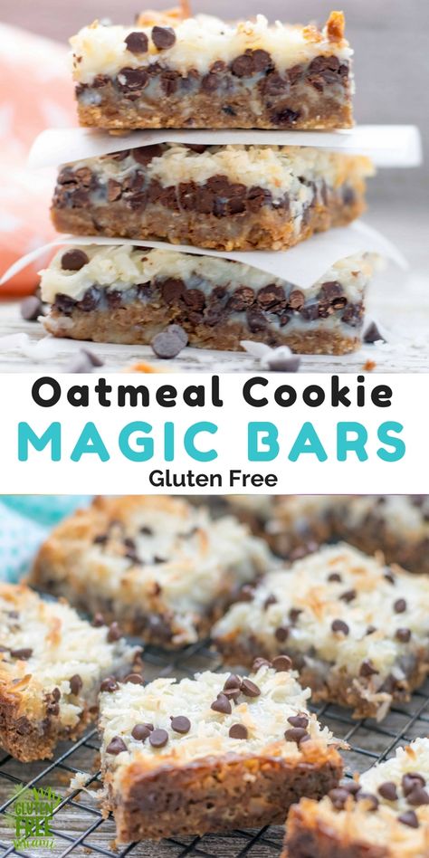 Never before has there been an easier cookie bar. A fun twist on the classic Magic Bar or 7 layer cookie bar, these cookie magic bars use an oatmeal cookie to create the tastiest crust ever, topped with gluten free chocolate and coconut, it's hard to resist just one. Quick and easy prep, these are perfect to throw together for a last  minutes treat. #glutenfree #glutenfreerecipes #magicbars #chocolate #coconut #easyrecipes #cookies via @GLUTENFREEMIAMI Gf Deserts Easy, Gluten And Msg Free Recipes, Oatmeal Magic Cookie Bars, Quick And Easy Gf Desserts, Best Gf Desserts, Keto Cookie Bars Recipes, Gluten Free Sheet Pan Desserts, Quick Gf Desserts, Gluten Free Bars And Squares