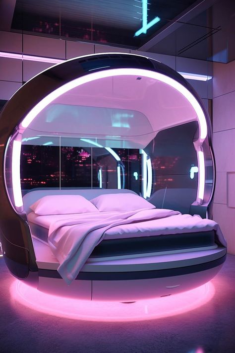 Futuristic Sleeping Pods, Futuristic Bedroom Design, Futuristic Bedroom Ideas, Futuristic Bed, Futuristic Rooms, Cyberpunk Bedroom, Cyberpunk Interior, Luxury Dorm Room, Sleep Pod